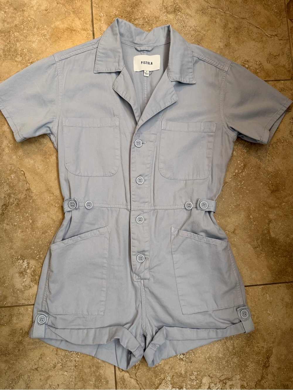 Pistola Light Blue Short-Sleeve One-Piece Romper with Patch Pocket